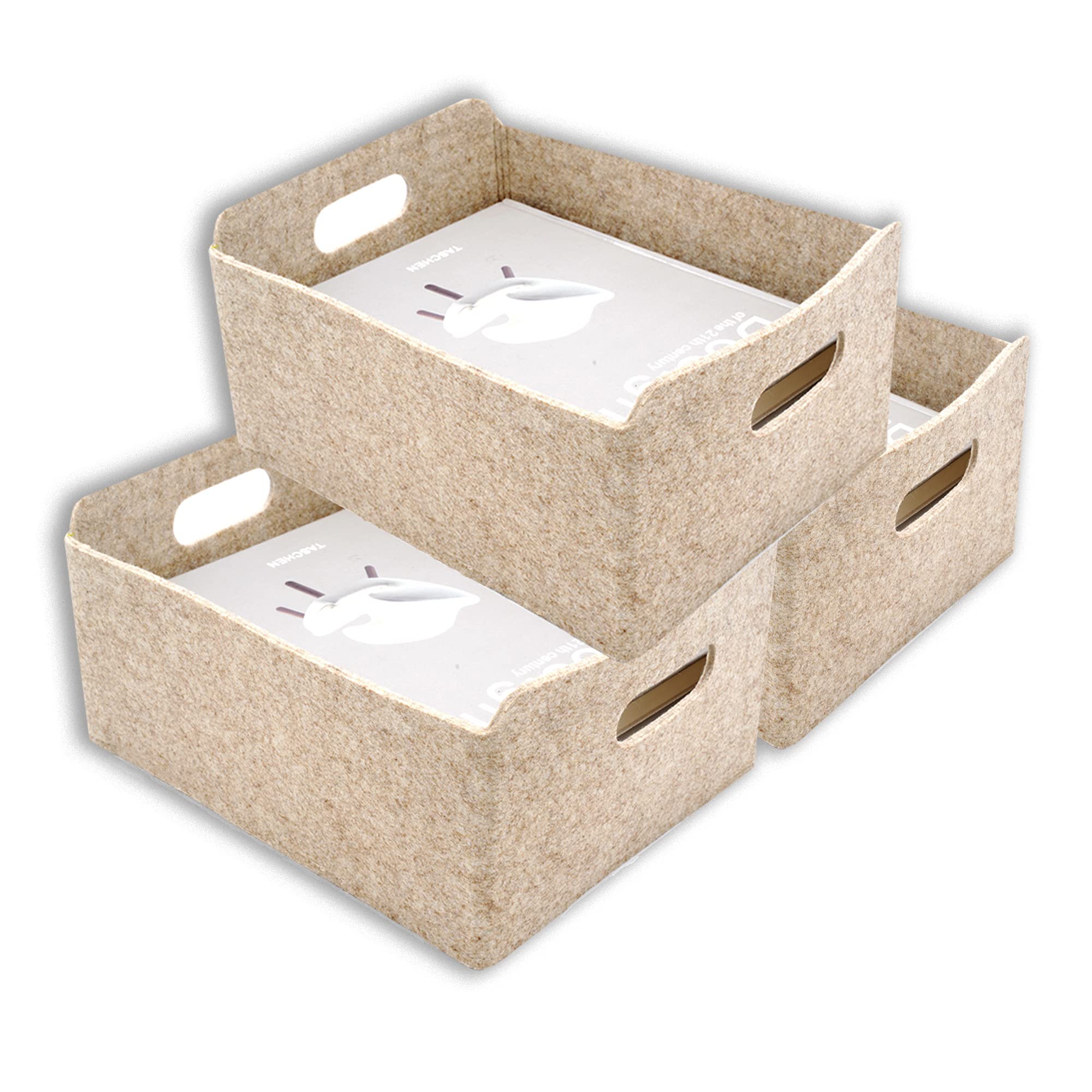 Welaxy Storage Baskets 3-Piece Felt Storage Bin Foldable Shelf Drawers Organizers Bins Scandinavian-Chic Closet Style Box For Kids Toys Books Normcore Neutral Colors Nordic Style Biege (Oatmeal X3)